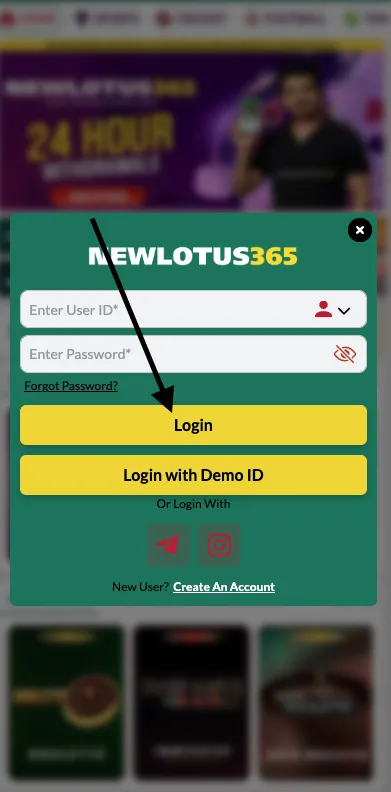 Lotus365 login step 2 - click the login button to open your dashboard