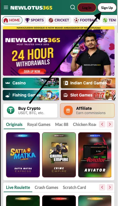 Register on Lotus365 using your name and WhatsApp number on your mobile device